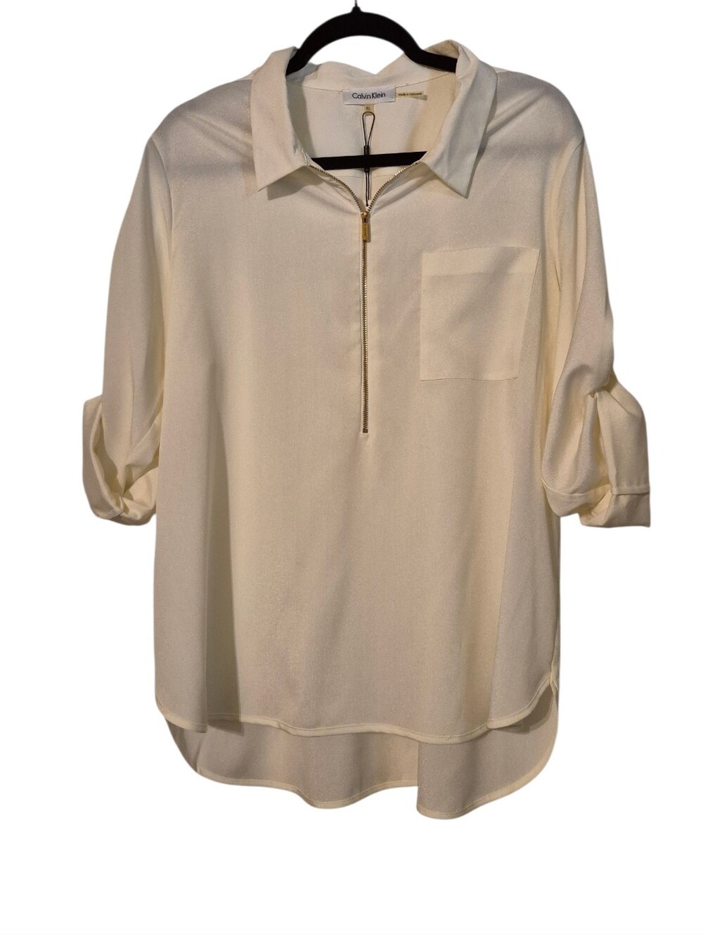 Calvin Klein NWT Half-Zip Roll-Sleeve Birch Blouse XL